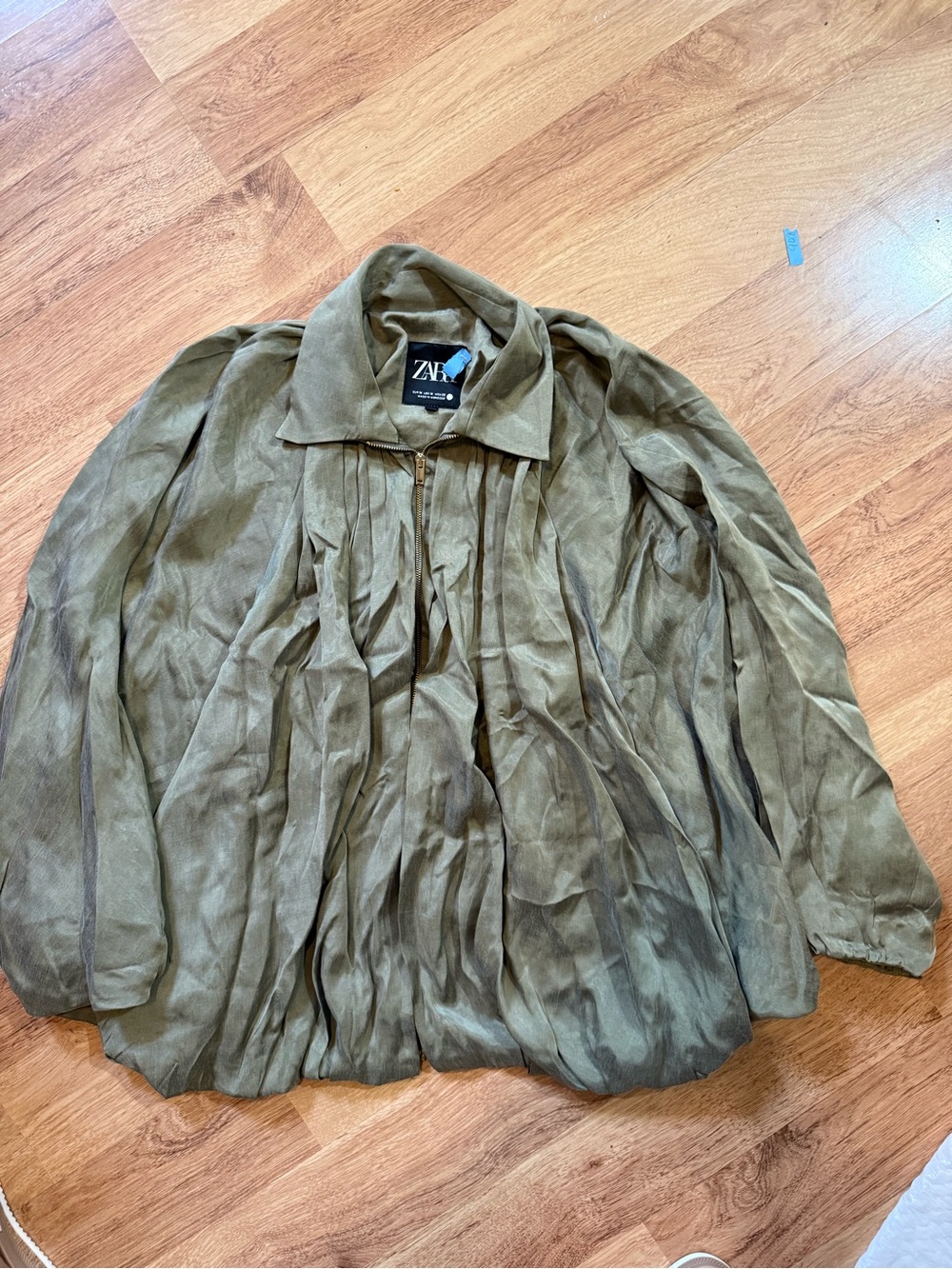 ZARA Olive Pleated Oversized Zip Front Blouse Jacket Size M